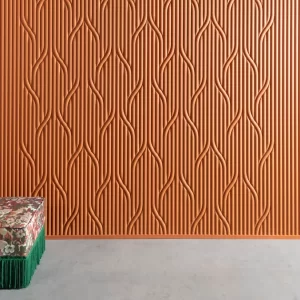 3D wall panels in a warm, earthy tone, creating a textured and visually interesting wall covering.